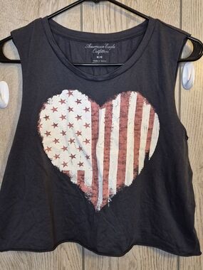 American Eagle Outfitters Black Tank with Distressed Red & White Heart Flag